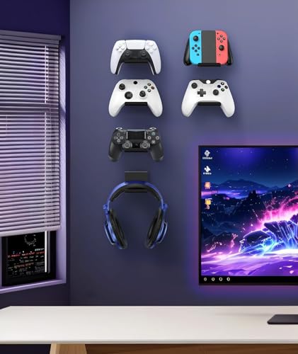 4 Pack Foldable Controller Wall Mount Holder, Xbox Controller Stand , Compatible with Xbox Switch, Adhesive/Screw,Remote Accessories, Keyboard Holder,Wall Mount Storage, Headphone & Headset Hanger - color: Black
