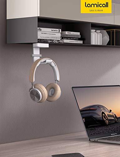 Lamicall Headphone Stand Adhesive Rotatable Headset Earphone Hanger Hook | 360° Rotation Earphone Holder, Cable Organizer Headphone Stand, for All Headset Gaming HyperX, Razer, Sony, Senn heiser - color: White