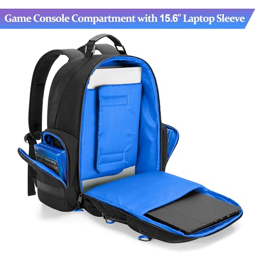 PGmoon Console Backpack Compatible with Playstation 5/PS5 Slim/PS5 Pro | Travel Carrying Case Bag with Protective Liner, Fits 15.6" Laptop, Controllers and Most Gaming Accessories (Patent Design) - color: Blue