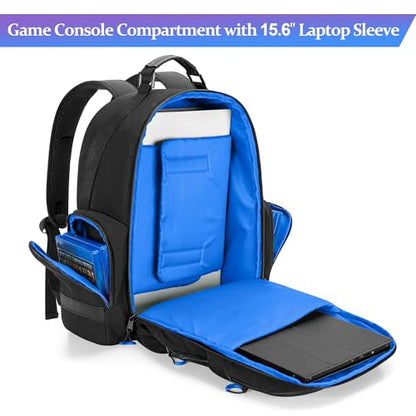 PGmoon Console Backpack Compatible with Playstation 5/PS5 Slim/PS5 Pro | Travel Carrying Case Bag with Protective Liner, Fits 15.6" Laptop, Controllers and Most Gaming Accessories (Patent Design) - color: Blue