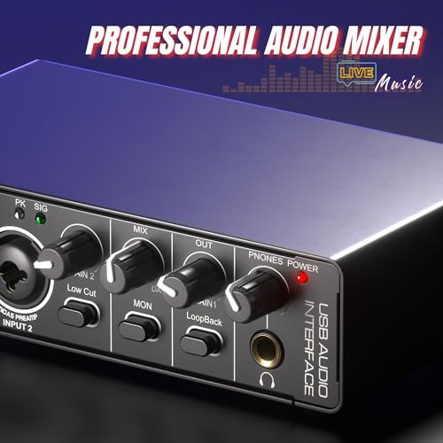 2X2 USB Audio Interface for PC Mac Laptop, 24Bit 192kHz for Computer Recording, Guitar, Streaming, Podcasting, with 48V Phantom Power, XLR TSR TS Ports