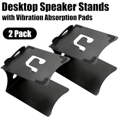 2 Pack Desktop Speaker Stands with Vibration Absorption Pads, Metal Bookshelf Speaker Riser Pair Support Up to 8 lbs Each, Desk Audio Stand, Studio Monitor Stand for Computer Speakers, Black