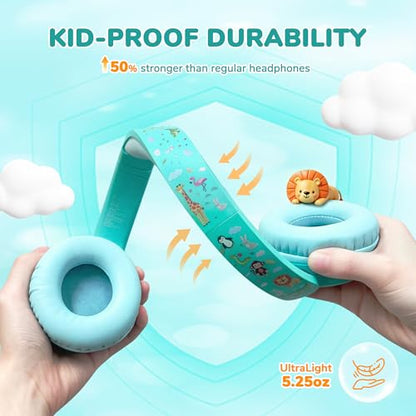 iClever BTH22 Kids Bluetooth Headphones for Toddler Travel, 60H Play Time | SafeSound Tech3.0, Stereo Sound, USB C Fast Charging, AUX Cable, Kids Wireless Headphones for Girls/Boys/Tablet/PC/School - color: Green