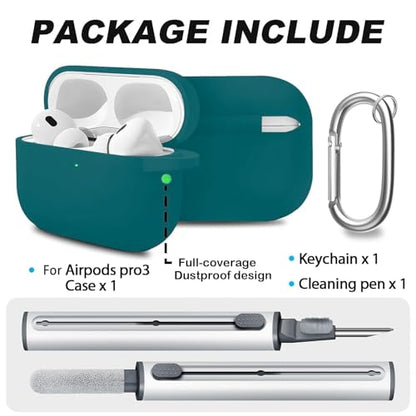 Full-Coverage dustproof Design for AirPods Pro 3 Case Cover with Cleaner Kit, Soft Silicone Cover for AirPods Pro 3rd Generation Comes with Keychain,Suitable for 3rd Generation,Pine Green - color: B4-Pine Green