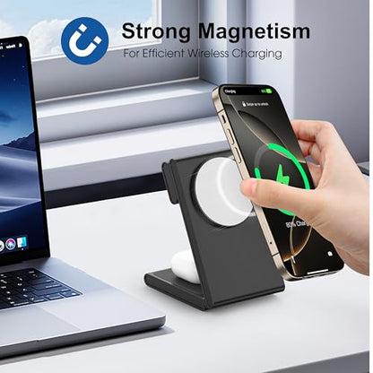 New Travel Foldable 3 in 1 Wireless Charging Station for Apple Magsafe Charger Stand,Fast Magnetic Wireless Charger Station for iPhone 17 Air 16 15 14 13 12 Series,Airpods Pro,Apple Watch Ultra - color: Black/ White