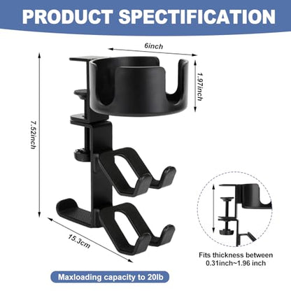 Desk Controller Holder with Headphone Hanger, 360° Rotating 3 in 1 Desk Anti-Spill Cup Holder with Headset Stand, Aluminum and Plastic