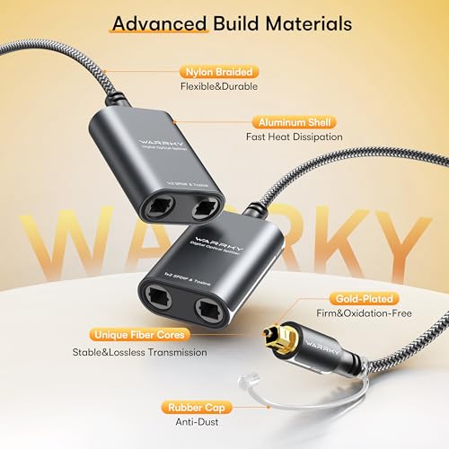 Warrky Optical Splitter, 1 in 2 Out Optical Splitter 2ft [Aluminum Shell, Gold Plated] Toslink Splitter for LPCM 2.0, Dolby, DTS 5.1, Compatible with Soundbar, Headphones, TVs