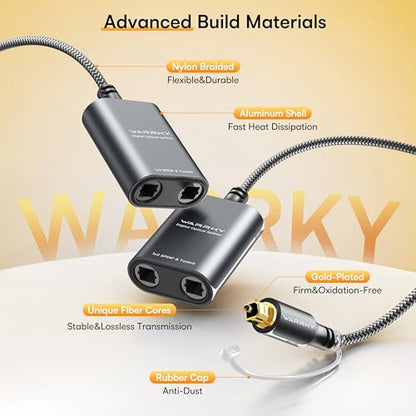 Warrky Optical Splitter, 1 in 2 Out Optical Splitter 2ft [Aluminum Shell, Gold Plated] Toslink Splitter for LPCM 2.0, Dolby, DTS 5.1, Compatible with Soundbar, Headphones, TVs