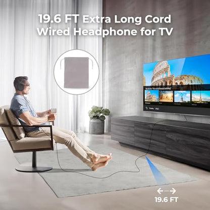 Long Cord TV Headphones for Seniors with Volume Control - size: 19.6FT Black without Microphone