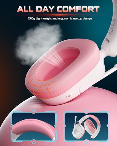 NUBWO Wireless Gaming Headset for PS5, PC, PS4 - Dual 2.4G & Bluetooth Simultaneous Gaming Headphones, EQ Sound Modes, Noise-Canceling Mic, 80-Hour Battery, Comfortable Foldable & Travel Design - color: Pink