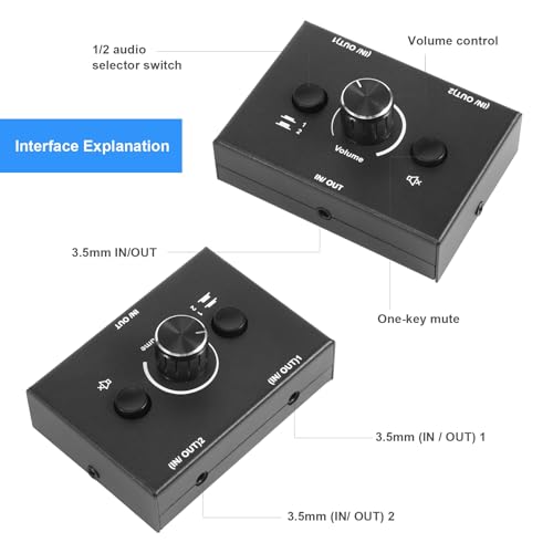 3.5mm Audio Switcher, 2 Input 1 Output/1 Input 2 Output Audio Splitter Switcher, Audio Switcher Box, One-Key Mute Button, black, 500051629