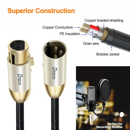 DTECH 5ft XLR to XLR Microphone Cable Male to Female Balanced Audio Cord for Mic Speaker PA Systems Standard 3 Pin Gold Plated Connectors Nylon Braided Instrument Wire, 5 Feet, Black - size: 5ft