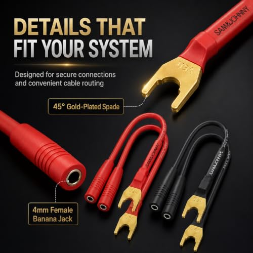 Sam&Johnny Spade Plugs to 4mm Female Banana Jack Speaker Wire, Banana Jack Female to Y Plug Fork Spades Cable for Speakers, Amplifier, Soldered Construction, 4 Pack of 6 Inch, RED/ BLACK - style: 3 Inch | Banana Plug to Banana Jack | 4 Pack
