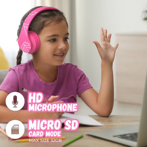 PowerLocus Kids Headphones Over-Ear, Bluetooth Wireless Headphones for Kids,with Microphone, Safe 85DB Volume Limited, Foldable with Carry Case, Audio Cable, Micro SD mode for Online Classes,PC,Phones - color: Pink