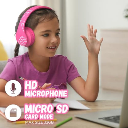 PowerLocus Kids Headphones Over-Ear, Bluetooth Wireless Headphones for Kids,with Microphone, Safe 85DB Volume Limited, Foldable with Carry Case, Audio Cable, Micro SD mode for Online Classes,PC,Phones - color: Pink