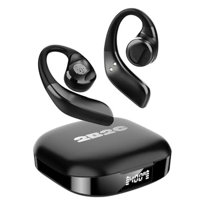 Open Ear Headphones, Wireless Earbuds with Smart Digital Display, Lightweight Design Air Conduction Earbuds with Mic Fit Cycling, Running, Workout (Black) - color: Black