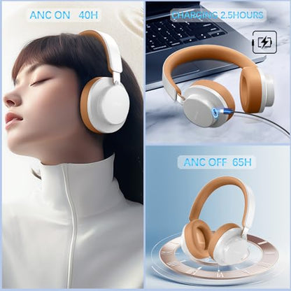 Over Ear Headphones Wireless Bluetooth, Noise Cancelling Headphones Bluetooth with Microphone, Cancelling Wireless Headphones Over Ear, 65h Playtime, Clear Calls, Comfort Fit For Travel (Grey Brown) - color: Grey Brown