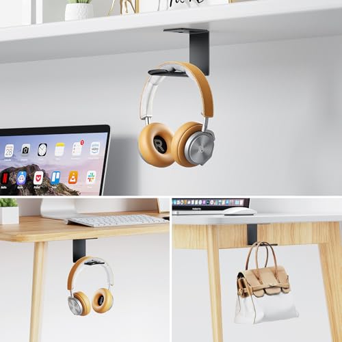 2Pack Heavy Duty Under Desk Headphone Stand, No Drill Mount with strong Adhesive Holder for AirPods Max, Sony, Bose & Gaming Headphones, Home Office Studio Dorm Organizer (H02F-2P-black)