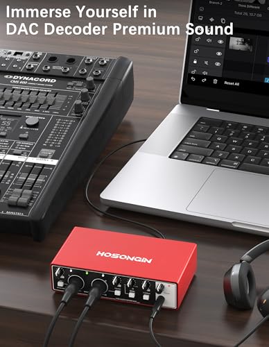 HOSONGIN 초보자를 위한 USB 오디오 인터페이스 - 24비트/192kHz, 48V 팬텀 파워, 팟캐스트/보컬/기타/유튜브, PC/맥/iOS 호환 플러그 앤 플레이 녹음, 뉴 레드 메탈)