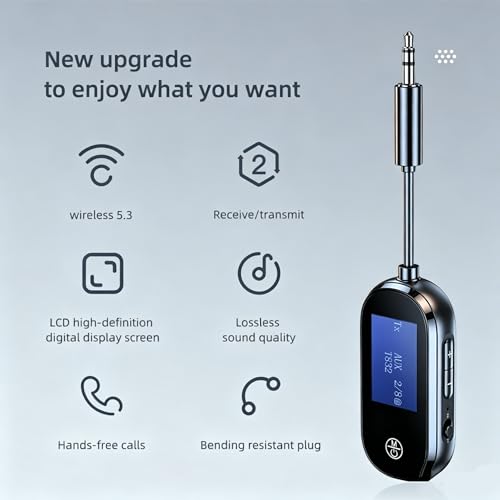 Airplane Bluetooth 5.3 Transmitter Receiver with LCD Display Low Latency | 3.5MM AUX Jack Adapter on Flight,TV,Car Stereo,Portable Wireless Adapter for Headphones,2-in-1 Wireless Bluetooth Adapter