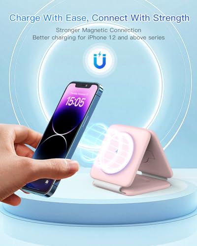 Charging Station for Apple Multiple Devices: 3 in 1 Foldable Magnetic Wireless Charger Stand - Travel Charging Dock Compatible with iPhone 17 16 15 14 13 12 Pro Max Plus Apple Watch AirPods - color: Pale-pink