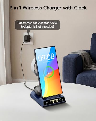 Wireless Charger for Samsung S26 Ultra, Galaxy Watch 9/Ultra 2/8/Buds4 Pro | for Samsung S26+/S25 Ultra/S25/Z Flip8/S24/S23/S22, Galaxy Watch 8/Ultra/7/6/5, Galaxy Buds4 Pro, Space-saving, LED Clock - color: Blue