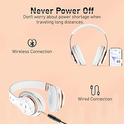 Bluetooth Headphones Over Ear, 6S Foldable Wireless Headphones with 6 EQ Modes, 40 Hours Playtime HiFi Stereo Headset with Mic, Soft Ear Pads, TF/FM for Cellphone/PC/Home (White & Gold) - color: Gold