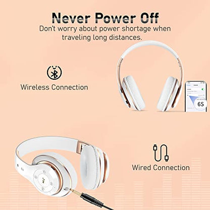 Bluetooth Headphones Over Ear, 6S Foldable Wireless Headphones with 6 EQ Modes, 40 Hours Playtime HiFi Stereo Headset with Mic, Soft Ear Pads, TF/FM for Cellphone/PC/Home (White & Gold) - color: Gold