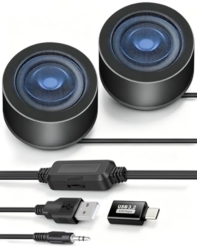 MINI Computer Speaker for Desktop,6W 3.5MM Small PC Speaker,MINI Computer Speakers USB Power with USB C Adapter and Volume Control for Monitor,Laptop,Phone,MP3(1.3M)