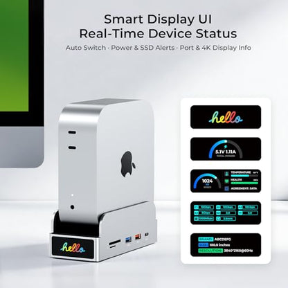 MiniDock Mac mini M4 Dock and Stand, 11-in-1 USB-C Hub with 8TB M.2 NVMe SSD Enclosure, Smart Display, 4K@60Hz HDMI, Gigabit Ethernet, SD/TF, 3.5mm Audio, PD Charging, for Mac mini/Pro/Air/Windows - color: Gray