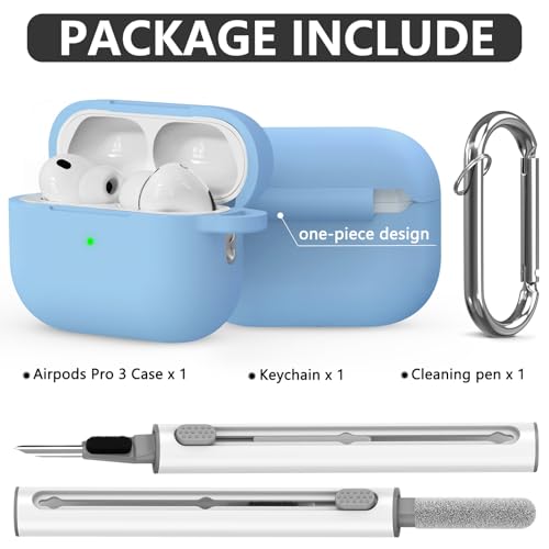 Ljusmicker for AirPods Pro 3 Case 2025 with Cleaner Kit,Sky Blue | Soft Silicone Protective Cover for Apple AirPod Pro 3rd Generation Case with Keychain for Women Men,Shockproof - color: B-Sky Blue