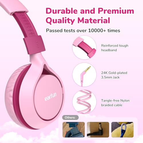 EarFun S1 Kids Headphones, Wired Headphones for Kids, Lightweight, Pink | Stereo Sound, Adjustable Headband, 85dB Volume Limit, Portable On-Ear Headphone for School/Travel/Boys/Girls/PC/Tablet, Pink - color: Pink