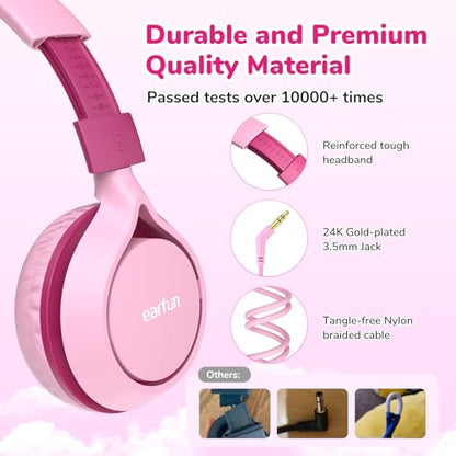 EarFun S1 Kids Headphones, Wired Headphones for Kids, Lightweight, Pink | Stereo Sound, Adjustable Headband, 85dB Volume Limit, Portable On-Ear Headphone for School/Travel/Boys/Girls/PC/Tablet, Pink - color: Pink