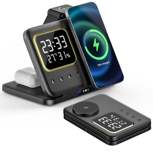 IHAO 5in1 Multi Functional Wireless Charger with Digital Clock 15W Fast Charge Night Light Temperature Display MagSafe Compliant for iPhone iWatch and Qi Headphone-DH13 Black - color: 5IN1 MagSafe Compliant DH13 Black