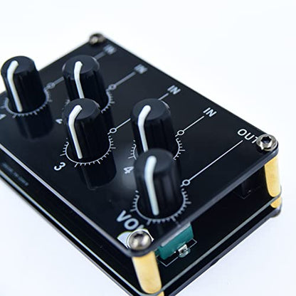 Multiple Input Mix 4 Way 1/8" inch in 1 Out Stereo Passive Mixer Headphone Sound Audio Speaker Splitter selector switcher 3.5mm udio Switch Box aux Loop Volume knob Control 3.5 mm Mixing Sharing
