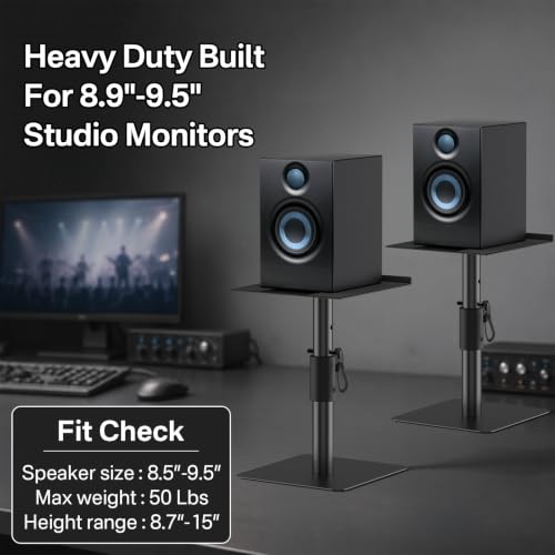 Studio Monitor Stands Pair, Height Adjustable Desktop Speaker Stands for Yamaha, PreSonus, JBL & KRK Monitors, Heavy Duty Steel Construction with Locking System, Anti-Wobble Design & Cable Management