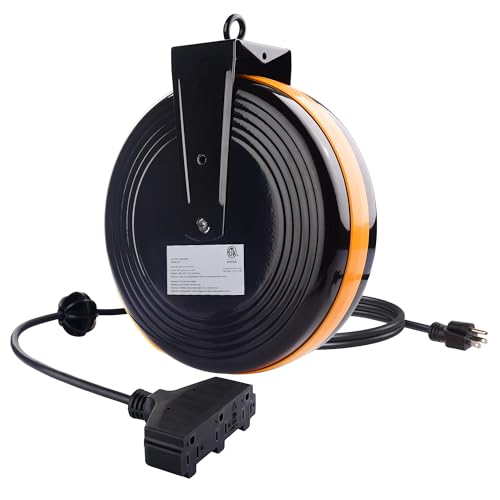 [ETL Listed] Cable Matters 16 AWG 10A Retractable Extension Cord Reel, 35ft | SJTW 16AWG, 10A 1250W, 3-Prong Grounded Outlets, 5ft to Reel and 30ft to Outlets, Wall or Ceiling Mount, Black