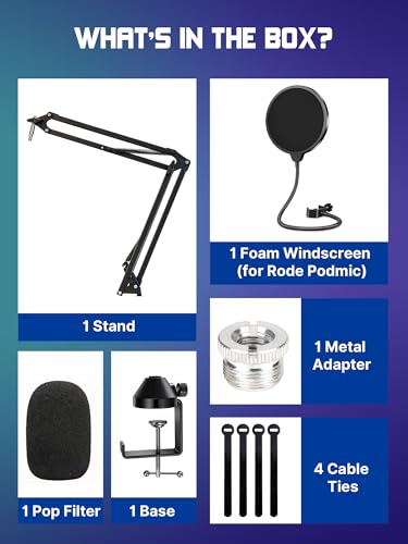 Rode Podmic용 튼튼한 마이크 붐 암, 전문 마이크 스탠드, Shure SM7B, Blue Yeti, HyperX QuadCast, Fifine AM8, 팝 필터 및 맞춤형 폼 커버 키트용 1cm(3/8인치)에서 1.6cm(5/8인치) 어댑터 포함 - color: 붐 암