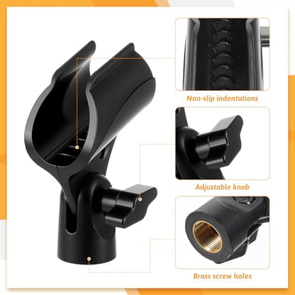 2 PCS Universal Microphone Clip, Adjustable Mic Clip Holder | for Mic Stand with 5/8" to 3/8" Screw Adapter, Anti-Slip Design for 30-35mm Handheld Wired & Wireless Microphones, Black