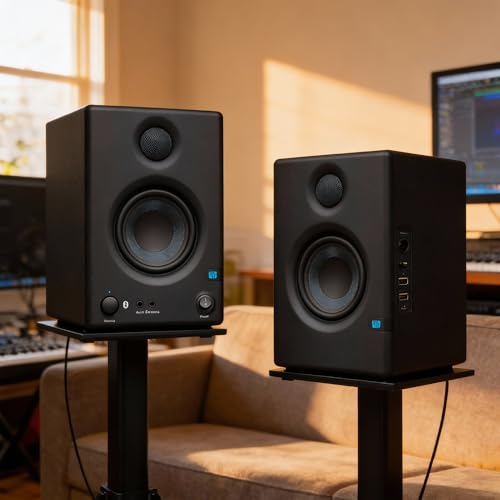 PreSonus Eris E3.5 BT Bluetooth Studio Monitor Pair Bundle with Monitor Stand, Isolation Pads, XLR Cables, TRS Cables, and Austin Bazaar Polishing Cloth - size: Bundle w/ Stand, style: E3.5 BT