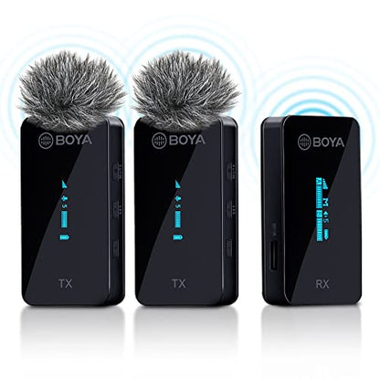 BOYA BY-XM6-S2 2.4GHz Wireless Microphone System Compatible with DSLR, mirrorless Cameras, Smartphones, Computers, for vlog, YouTube Video, Live Streaming, interviews, Recording - size: 3.5mm Jack(RX+TX+TX)