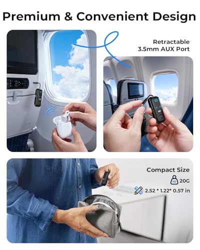 Bluetooth 5.4 Transmitter Receiver for 2 AirPods/Headphones, 2-in-1 Airplane Bluetooth Adapter with Mic for Hands-Free Calls, Low Latency, Wireless Audio Adapter for Travel Flight TV Speakers