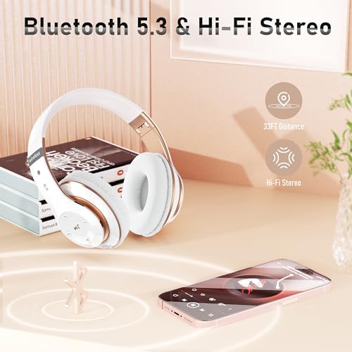 Bluetooth Headphones Over Ear, 6S Foldable Wireless Headphones with 6 EQ Modes, 40 Hours Playtime HiFi Stereo Headset with Mic, Soft Ear Pads, TF/FM for Cellphone/PC/Home (White & Gold) - color: Gold