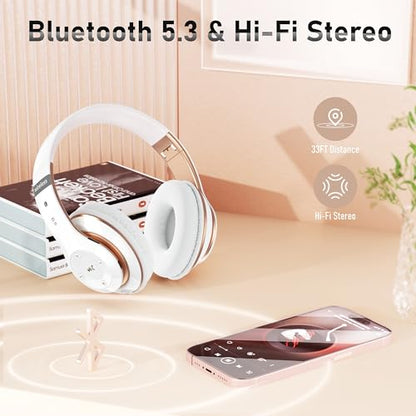 Bluetooth Headphones Over Ear, 6S Foldable Wireless Headphones with 6 EQ Modes, 40 Hours Playtime HiFi Stereo Headset with Mic, Soft Ear Pads, TF/FM for Cellphone/PC/Home (White & Gold) - color: Gold