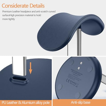 Hiwe Headphone Stand with Wireless Charger, Headset Holder for Desktop | 2 in 1 Charging Station for iPhone, Samsung, AirPods and Desk All Headphones, Aluminum Support Rod, Heavy Base, Navy Blue - color: Navy Blue