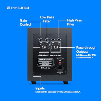 PreSonus Eris Sub 8BT — 8" Inch Powered Subwoofer, Powered Sub, Active Subwoofer, Wireless, Bluetooth, Home Audio, Bass Speaker, Home Theater, Music Production, Gaming | Active Subwoofer, Wireless, Bluetooth, Home Audio, Bass Speaker, Home Theater, Music