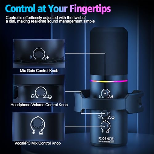 XLR/USB Gaming Microphone with Boom Arm for Streaming | Dynamic Microphone with One-Touch Mute, Gain Control, Headphone Jack, RGB Lighting for Podcast, Recording Vocal