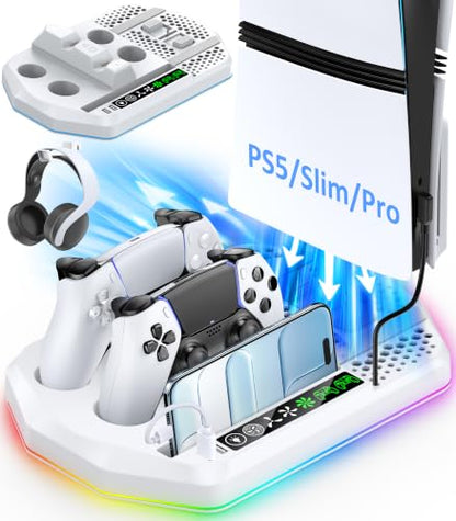 Cooling Station with Controller Charger for PS5/Slim/Pro, PlayStation 5 Vertical Stand for Disc & Digital Console, Dual PS 5 Controller Charging Station with 3 Level Cooling Fan, PlayStation 3 Games - color: All White