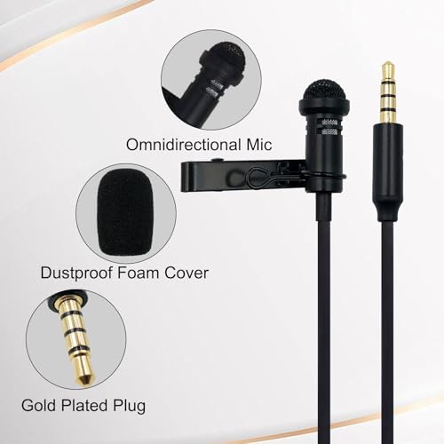 Lavalier Lapel Microphone Omnidirectional Condenser Mic Compatible with iPad Mac Android Smartphones for Podcast YouTube Vlogging Recording Noise Cancelling Mic,3.5mm Black 5ft