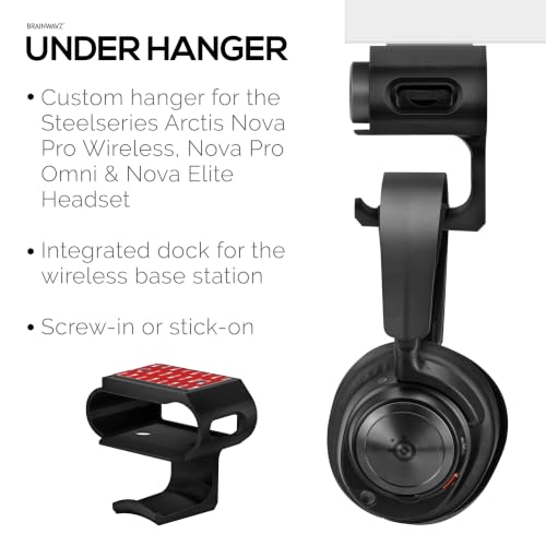 Under Desk Headphone Hanger Stand for Steelseries Arctis Nova Pro, Elite and Pro Omni Wireless Headsets with Dock for the Wireless Base Station by Brainwavz (HPS02) - color: HPS02